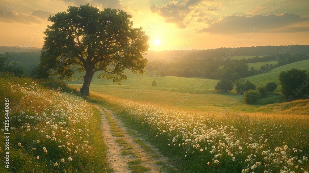 Obraz premium Serene sunset over a tranquil meadow with a winding path, vibrant flowers, and lush greenery