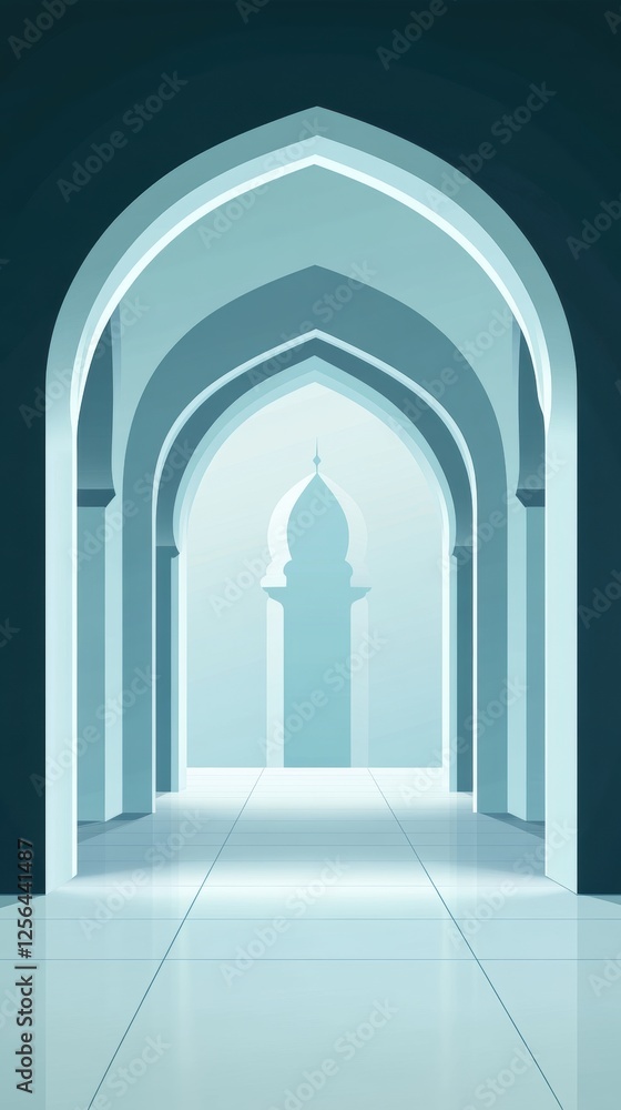 Fototapeta premium Elegant Interior Archway with Soft Blue Light Creating a Serene Atmosphere Perfect for Eid Mubarak, Ramadan Kareem, Muharram, and Iftar Celebrations with Copy Space for Text