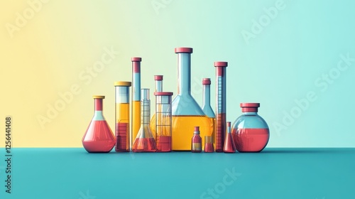 Collection of Colorful Laboratory Glassware with Varied Solutions Against a Gradient Background for Scientific and Educational Purposes. photo