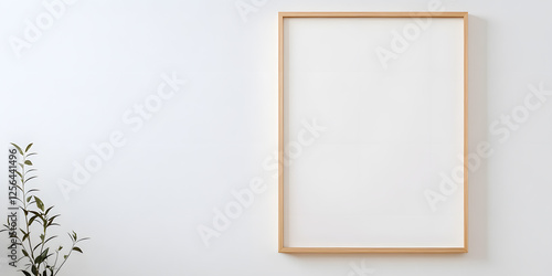 Minimalist room: blank canvas in a wooden frame on a white wall with a small plant to the side. Simple, clean design for any space.