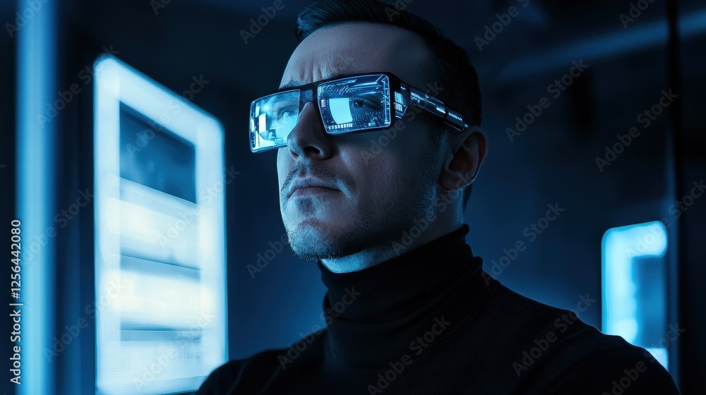 Man Wearing Futuristic Smart Glasses in Cyberpunk Setting with Blue Neon Light
Man Wearing Futuristic Smart Glasses in Cyberpunk Setting with Blue Neon Light