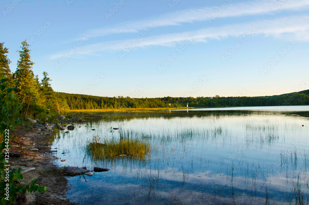 Fototapeta premium Tobermory, Ontario, Canada - August 8th 2015: View of a Cameron Lake in the morning