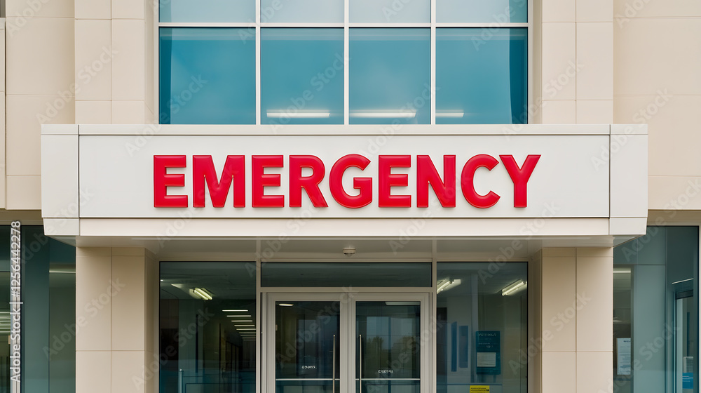 Obraz premium An emergency sign shines brightly above the entrance of a building, signaling a place for urgent care and immediate medical assistance. The building's doors and windows.