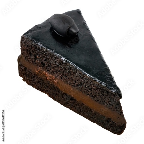 A decadent slice of Devil's food cake, featuring moist, rich chocolate layers, a glossy dark chocolate glaze, and a smooth chocolate filling, perfect for indulgent dessert lovers. photo