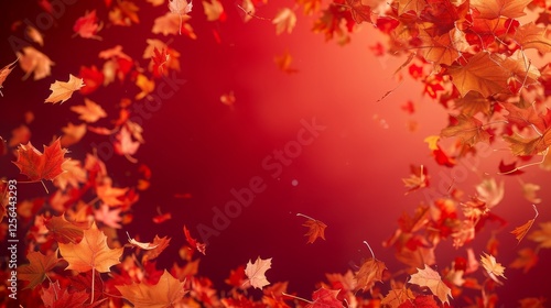 Obraz na płótnie A mesmerizing cascade of red and orange autumn leaves swirling against a gradient red background, creating a warm, seasonal, and dynamic atmosphere. AI generated. w salonie