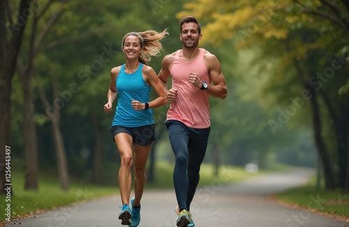 Athletic couple runs on road in park. Man, woman jogging wearing sport clothes. Active lifestyle, fit, healthy concept. Road with trees background, urban runner. Couple goals. Happy family exercise.