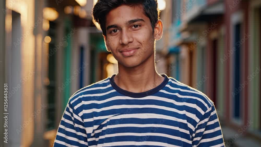 Young man radiating confidence while smiling softly during golden hour, warm sunlight illuminating natural features against urban backdrop, conveying positive youthful energy Young man radiating confidence while smiling softly during golden hour, warm sunlight illuminating natural features against urban backdrop, conveying positive youthful energy
