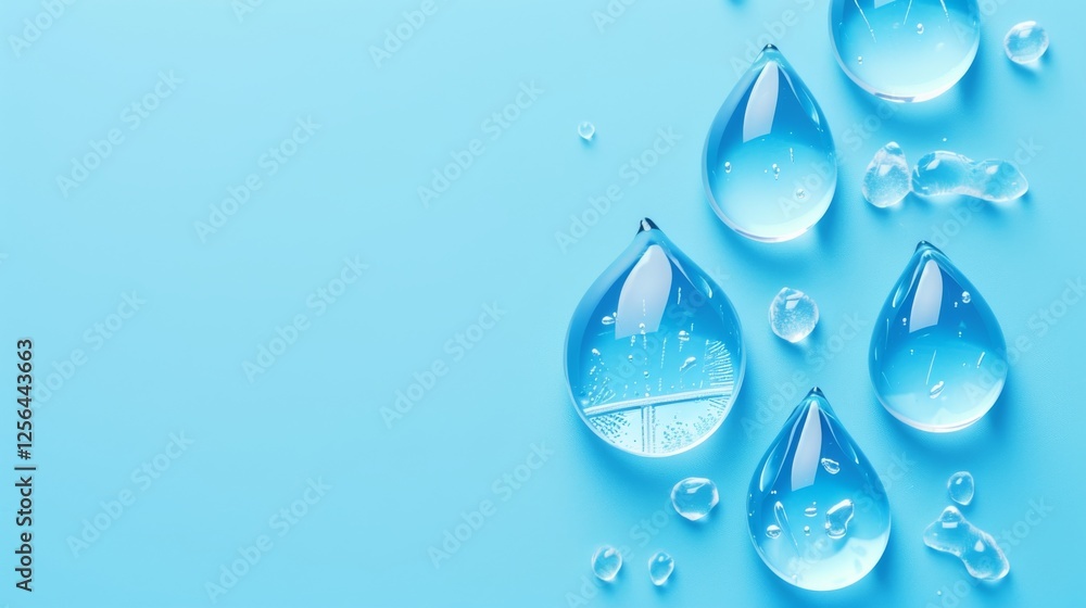Transparent water droplets arranged on a vibrant blue background, showcasing clarity and a sense of purity. Ideal for designs with a fresh or natural theme. AI generated.