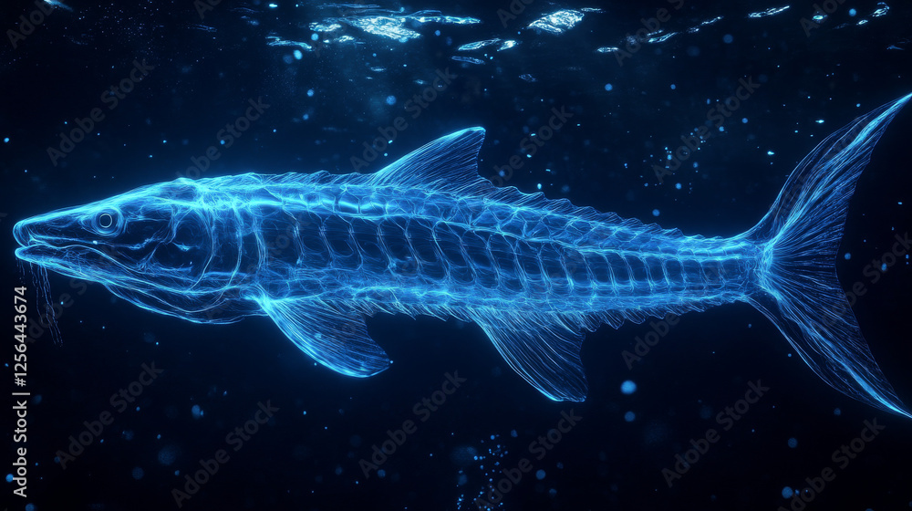 Hologram sturgeon. Holographic projection of sturgeon. Flickering energy flux of particles. Scientific design water world. Hologram sturgeon. Holographic projection of sturgeon. Flickering energy flux of particles. Scientific design water world.