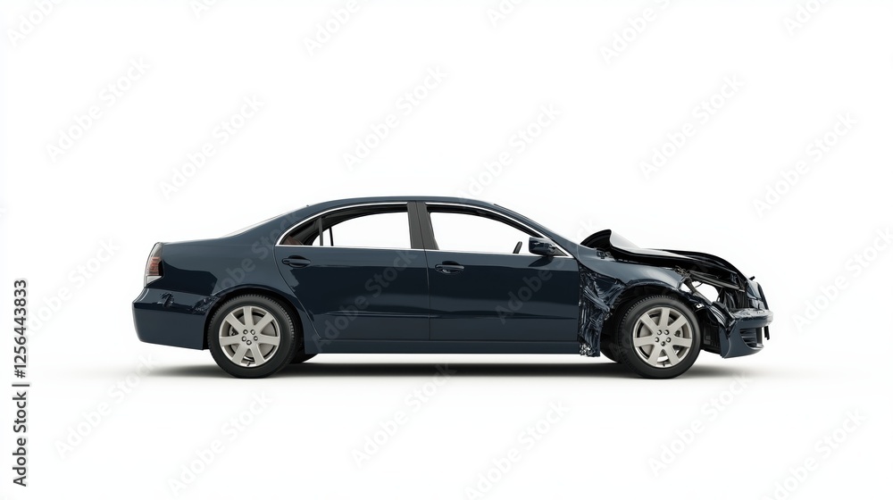 Naklejka premium Wrecked dark blue sedan with crumpled front end, highlighting vehicular damage and collision impact against clean white backdrop