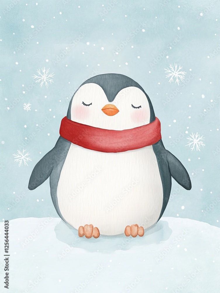 Sleeping Penguin in Snow with Red Scarf
