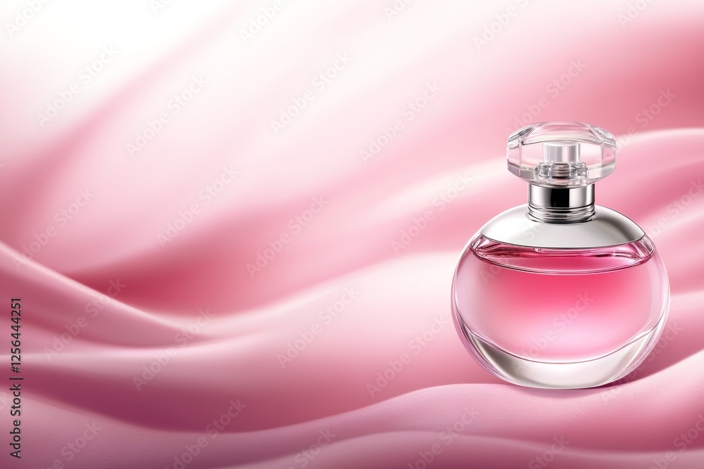 Bottle of perfume is sitting on a pink background Bottle of perfume is sitting on a pink background
