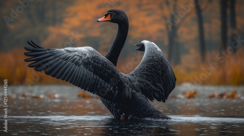 Black Swan Spreading Wings on Water with Autumnal Background Trees