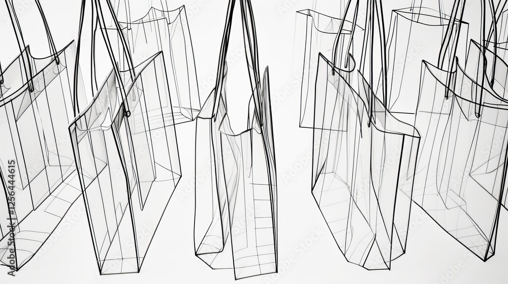 A top view of multiple wireframe shopping bags, showcasing geometric precision and modern artistic appeal, placed on a white background. AI generated.