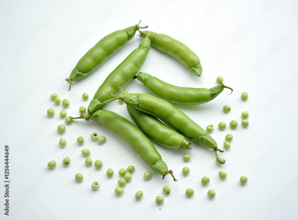 Top view of green pea seeds with three open bean pods on white floor. Fresh raw ripe round vegetable, healthy food ingredient, vegan diet from South Korea. Top view of green pea seeds with three open bean pods on white floor. Fresh raw ripe round vegetable, healthy food ingredient, vegan diet from South Korea.