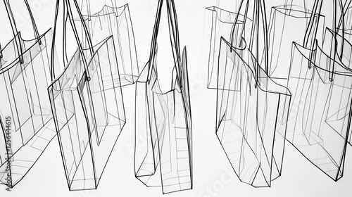 A top view of multiple wireframe shopping bags, showcasing geometric precision and modern artistic appeal, placed on a white background. AI generated.