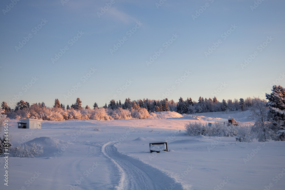 Fototapeta premium Snowy landscape winter scene in Swedish Lapland. Kiruna, Norrbotten County.