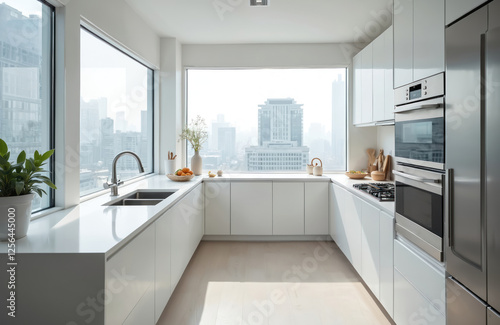 Wallpaper Mural Modern monochromatic kitchen interior design. White cabinets, quartz countertops, dining table, city view from window. Bright stylish light home with stainless steel appliances, sink. Minimalist Torontodigital.ca