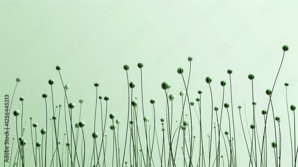 A minimalist display of tall, slender green stalks topped with spherical buds, creating an abstract natural pattern against a pale green backdrop. AI generated.