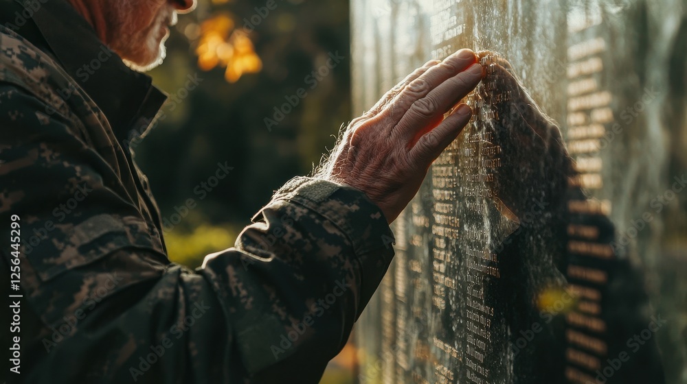 Hand Touching Memorial Wall in Reflection Honoring Fallen Soldiers
Hand Touching Memorial Wall in Reflection Honoring Fallen Soldiers