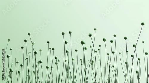 Obraz na płótnie A minimalist display of tall, slender green stalks topped with spherical buds, creating an abstract natural pattern against a pale green backdrop. AI generated. w salonie