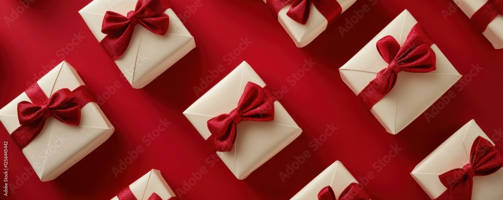 Elegant white gift boxes with red bows on a vibrant red background Elegant white gift boxes with red bows on a vibrant red background