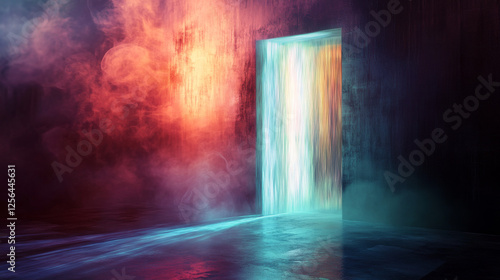 The hologram door. Holographic projection of the door. Flickering energy flux of particles.