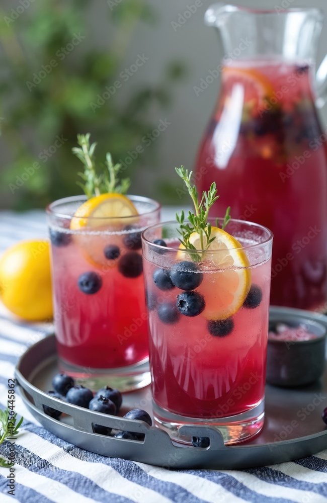 Refreshing summer blueberry mojito cocktail with lemon slice, thyme garnish. Non-alcoholic blueberry lemonade served cold. Healthy detox beverage with vitamins on kitchen table. Party drink, homemade Refreshing summer blueberry mojito cocktail with lemon slice, thyme garnish. Non-alcoholic blueberry lemonade served cold. Healthy detox beverage with vitamins on kitchen table. Party drink, homemade