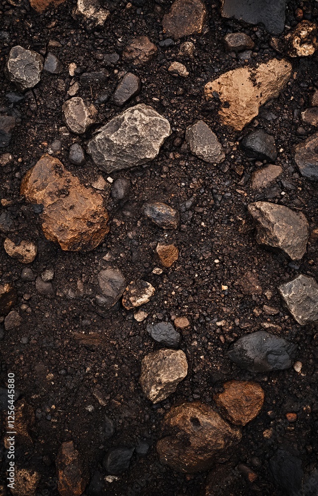 A top-down view of soil, rich in texture and color, with small rocks visible beneath the dirt