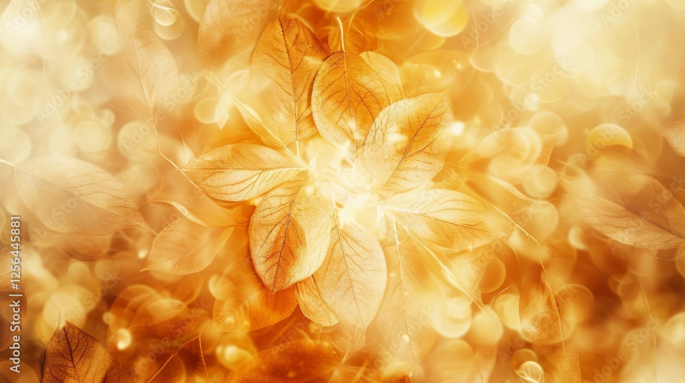 Radiant golden autumn leaves surrounded by a sparkling bokeh effect, creating an ethereal and serene atmosphere. Perfect for seasonal themes. AI generated.