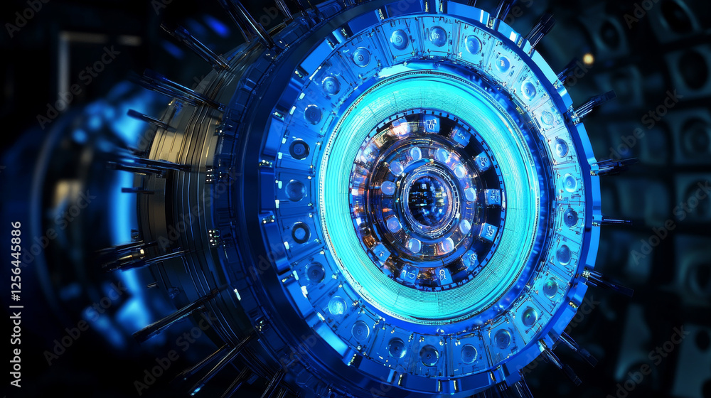 Fototapeta premium Archer of the particles. Archer consists of dots and circles. Blue Archer on dark background