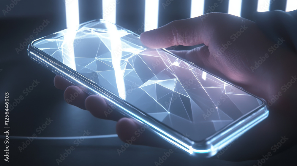 Hologram telephone. A phone made up of polygons, triangles, points, and lines. The telephone is a low-poly connection structure. The technology concept.