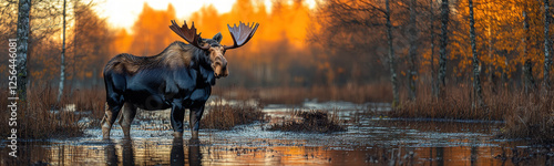 Moose standing in a tranquil swampy forest during autumn sunset with vibrant reflections