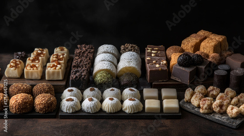  Traditional middle eastern sweets assortment with ramadan decor . Ramadan desserts maamoul, awameh or lokma, basbousa . Top view	                               photo