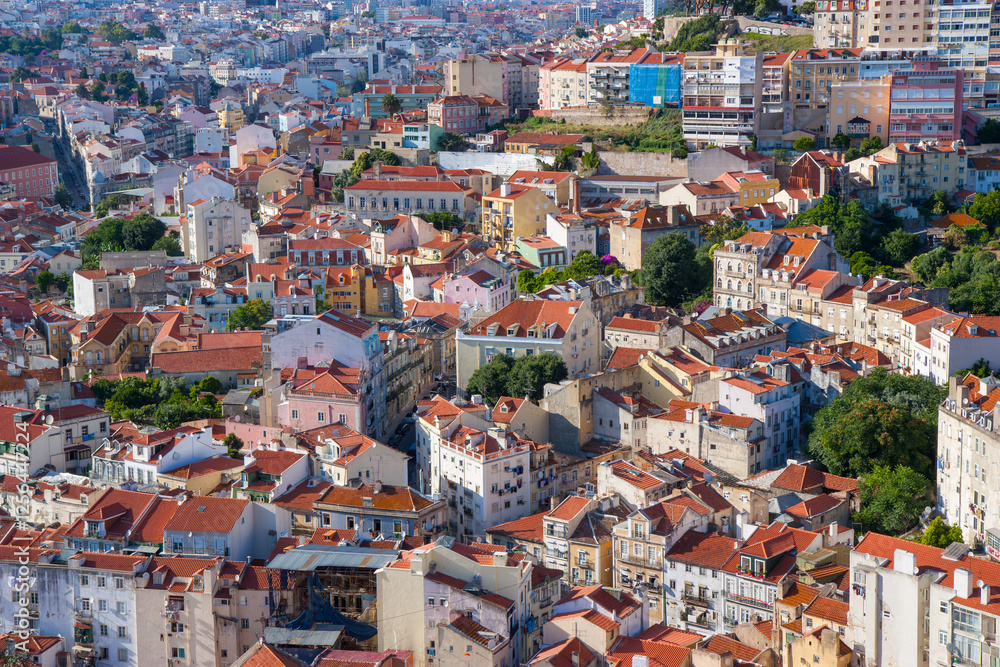 Aerial view colorful Lisbon is a tourist attraction with its seven hills and winding streets and facades decorated with tiles Aerial view colorful Lisbon is a tourist attraction with its seven hills and winding streets and facades decorated with tiles