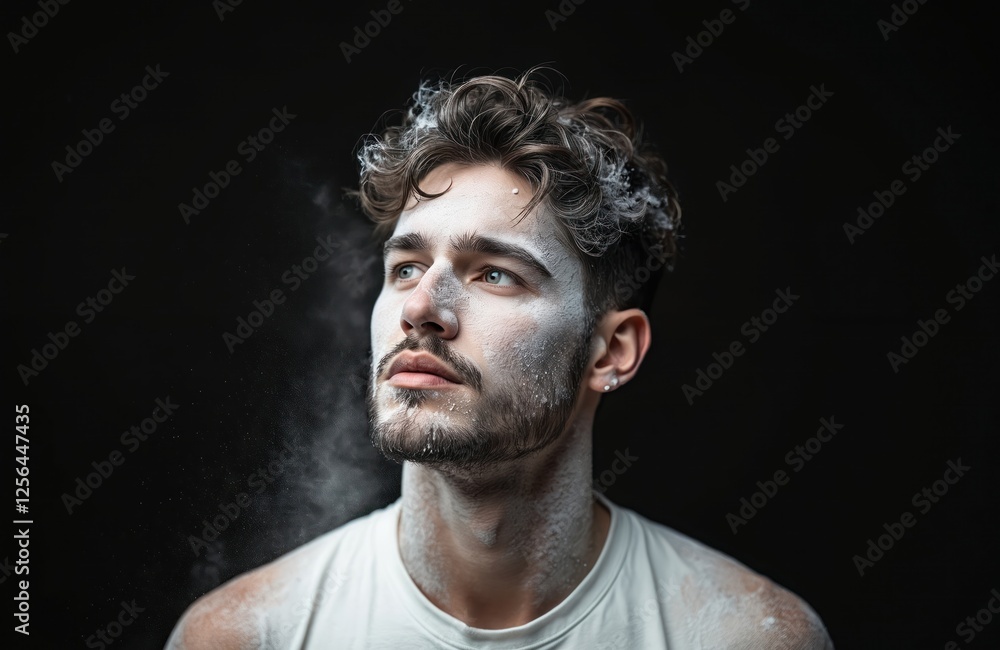 Fototapeta premium Portrait of charismatic young man covered in white powder looking up over dark background. Stylish male model posing art performance. Beauty concept, fashion shoot, expressive visual. Hair styling