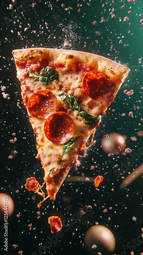 Floating Pepperoni Pizza Slice in Cosmic Space – Gourmet Italian Food with Melting Cheese and Dramatic Lighting