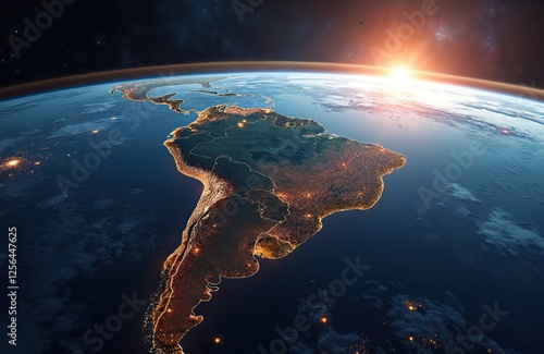 South America at sunrise seen from space. Planet Earth with forest cover, big city lights. The continent outline, political borders, cartography, administrative map from above.