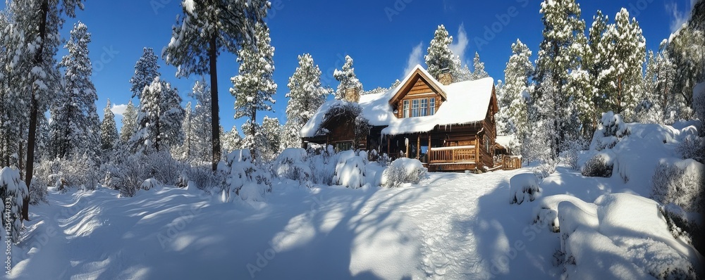 Snow-covered log cabin in winter woodland landscape with pine trees and clear blue sky