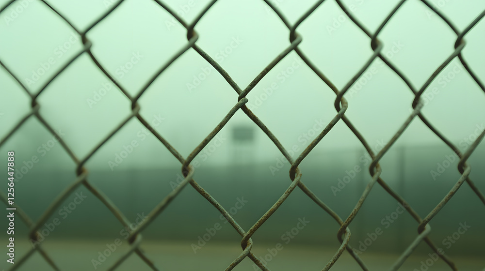 Foggy view through a metal chain link fence, obscuring the background and creating a sense of mystery and seclusion. The metal is worn and the scene is eerie Foggy view through a metal chain link fence, obscuring the background and creating a sense of mystery and seclusion. The metal is worn and the scene is eerie