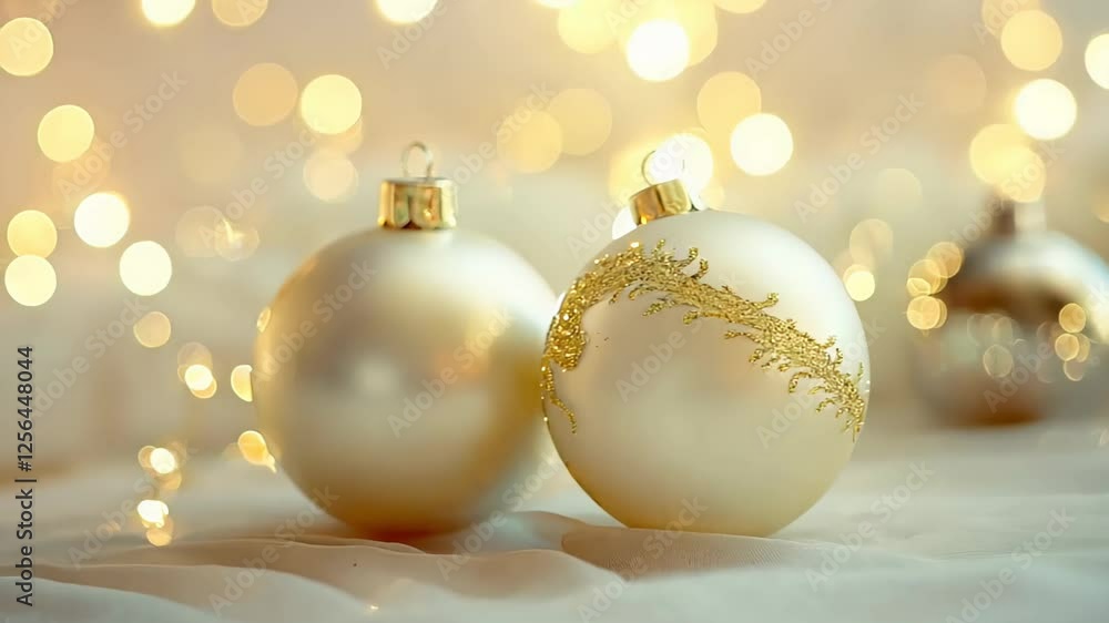 Elegant christmas ornament pair with golden bokeh lights in soft focus transition Elegant christmas ornament pair with golden bokeh lights in soft focus transition
