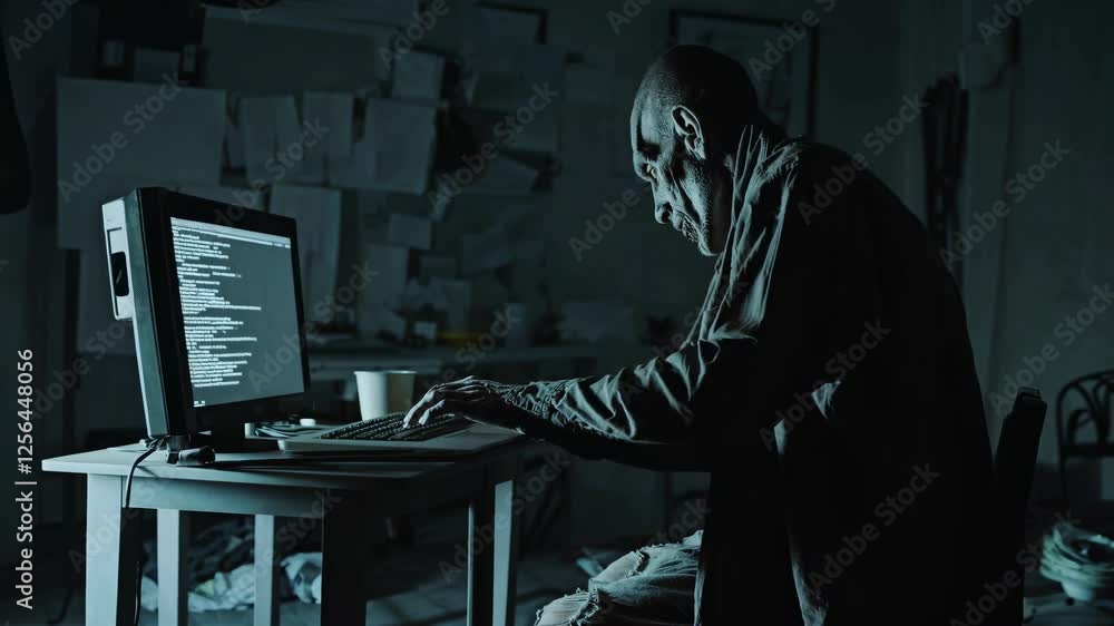 Pale zombified hacker intensely programming in dimly lit workspace, concentrating deeply on computer screen, surrounded by scattered research notes and cryptic papers Pale zombified hacker intensely programming in dimly lit workspace, concentrating deeply on computer screen, surrounded by scattered research notes and cryptic papers