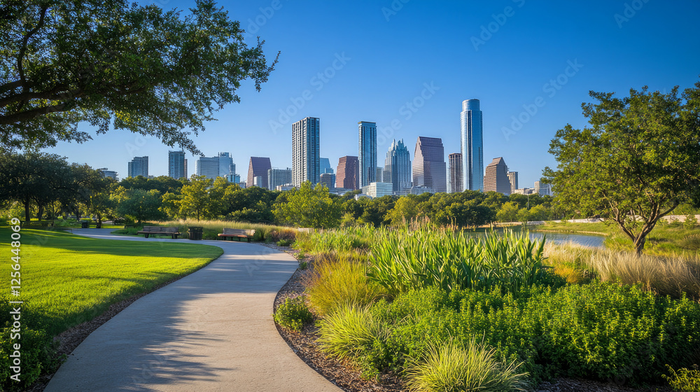 City park under blue sky with Downtown Skyline in the Background City park under blue sky with Downtown Skyline in the Background