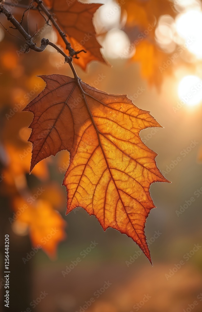 Macro photo of vibrant orange autumn leaf with detailed veins, sunlit. Close-up of fall foliage texture with warm autumnal colors. Nature background evokes tranquility and cozy mood of autumn season. Macro photo of vibrant orange autumn leaf with detailed veins, sunlit. Close-up of fall foliage texture with warm autumnal colors. Nature background evokes tranquility and cozy mood of autumn season.