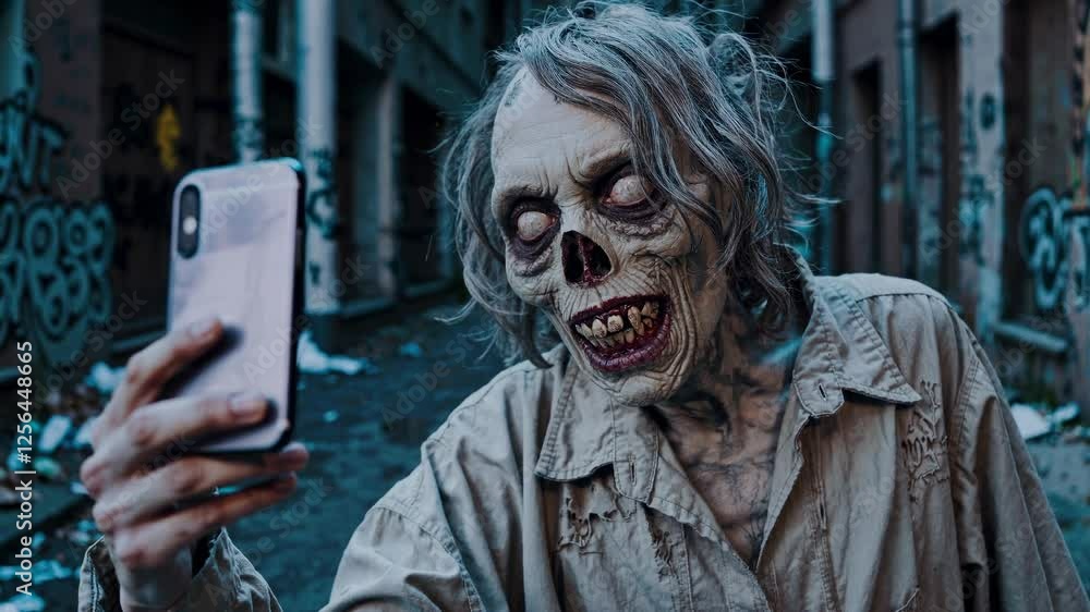 Decaying zombie with exposed bone structure capturing ironic selfie using smartphone, standing in desolate urban wasteland representing post apocalyptic horror aesthetic
