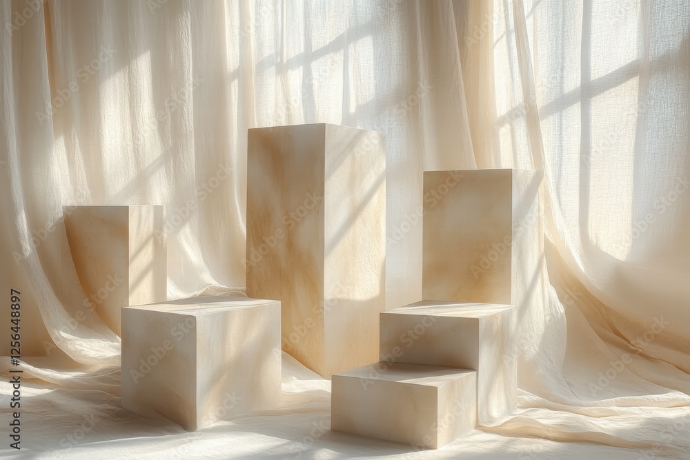 Geometric shapes casting shadows on a draped fabric background in soft lighting Geometric shapes casting shadows on a draped fabric background in soft lighting