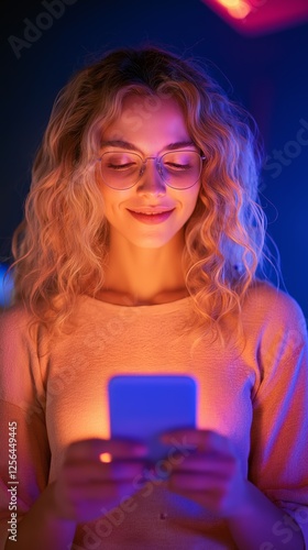 Blonde Woman Smiling at Smartphone with Neon Glow – Digital Connectivity and Social Engagement