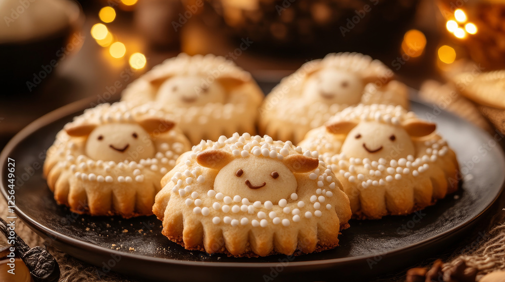 Eid al Adha Mubarak greeting card with semolina cookies maamoul arranged in shape of sheep. Traditional Muslim holiday. Eid al Adha concept background Eid al Adha Mubarak greeting card with semolina cookies maamoul arranged in shape of sheep. Traditional Muslim holiday. Eid al Adha concept background