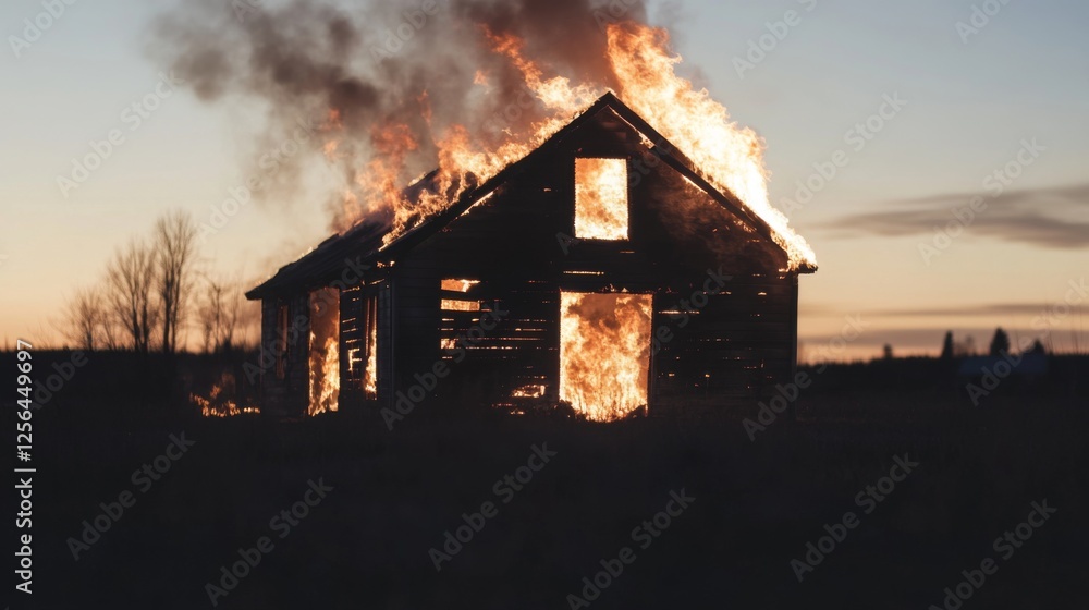 Burning derelict house, sunset field Burning derelict house, sunset field