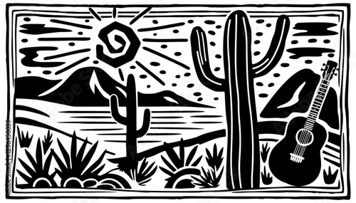 Brazilian cordel style. Landscape with cacti and guitar. Vector woodcut monochrome illustration